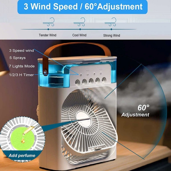 Portable Air Cooler 4-In-1 Mini Mobile Air Conditioner Fan, Air Cooling Fan and Humidifier, 7 Colors LED Night Lights with 3 Fan Speeds Personal Evaporative Coolers, Air Conditioning for Home Office  - White