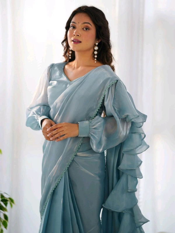 Ready To Wear Jimmy Chu Saree with Full Stitched Blouse - sky blue, L