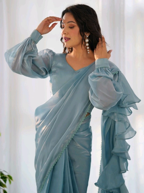 Ready To Wear Jimmy Chu Saree with Full Stitched Blouse - sky blue, L