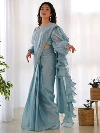 Ready To Wear Jimmy Chu Saree with Full Stitched Blouse - sky blue, L