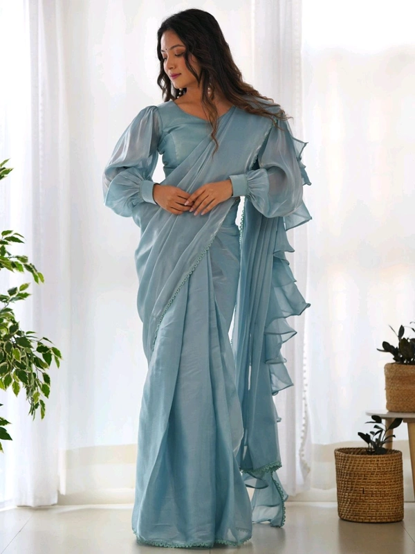 Ready To Wear Jimmy Chu Saree with Full Stitched Blouse - sky blue, L