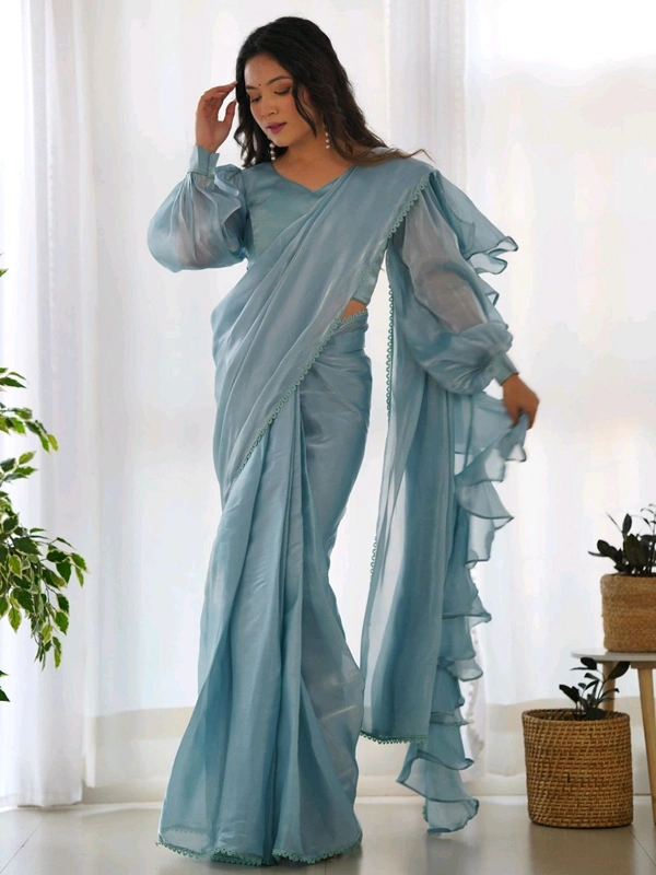 Ready To Wear Jimmy Chu Saree with Full Stitched Blouse - sky blue, XL