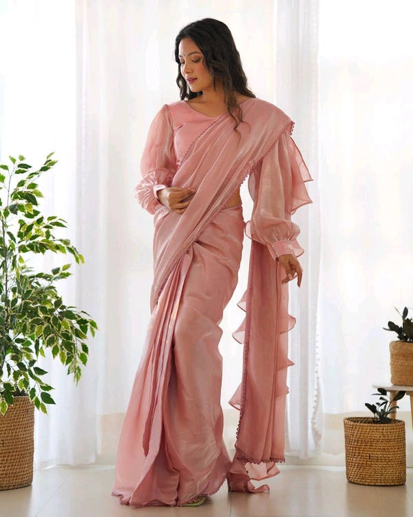 Ready To Wear Jimmy Chu Saree with Full Stitched Blouse - Pink, L