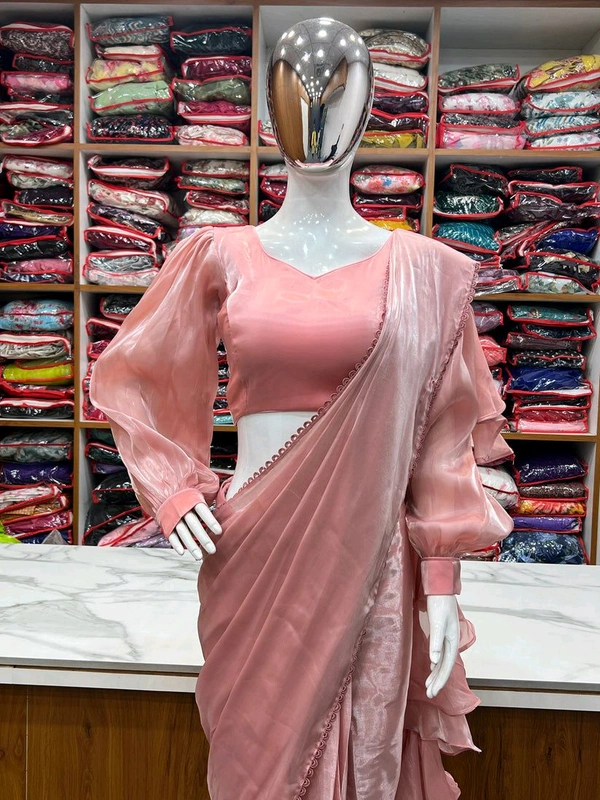 Ready To Wear Jimmy Chu Saree with Full Stitched Blouse - Pink, L