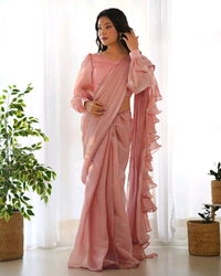 Ready To Wear Jimmy Chu Saree with Full Stitched Blouse - Pink, S