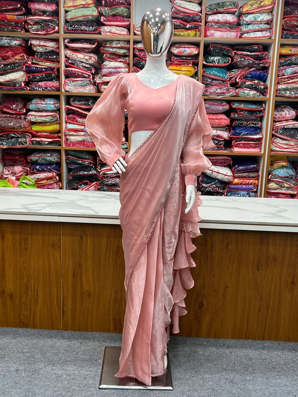 Ready To Wear Jimmy Chu Saree with Full Stitched Blouse - Pink, S
