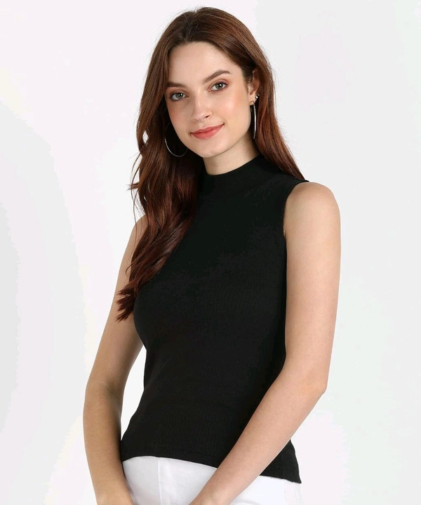 Womens Tank Top High Neck Cotton Top Stylish Women Top - Black, L