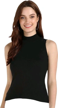 Womens Tank Top High Neck Cotton Top Stylish Women Top - Black, XL