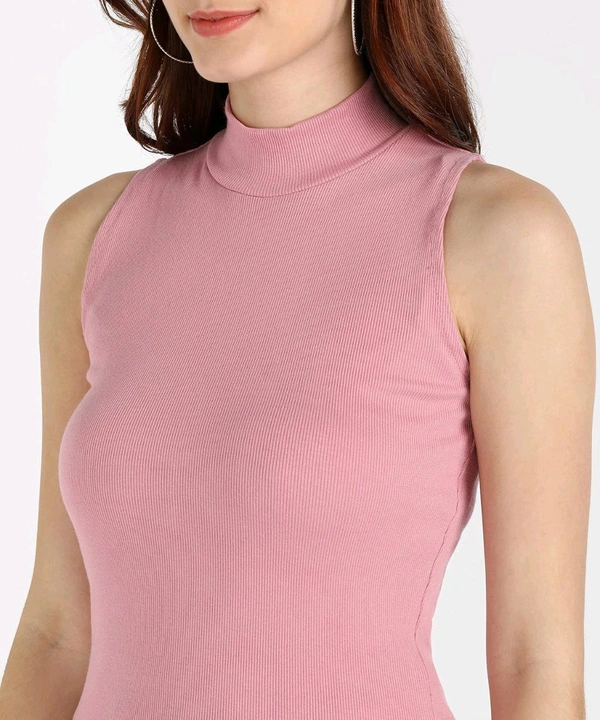 Womens Tank Top High Neck Cotton Top Stylish Women Top - Pink, S