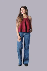 Casual Sleeveless Printed Women Green Top - Maroon, L