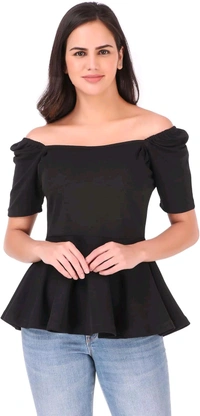 Women's Casual Stylish Peplum Top with Puffed Sleeves - Black, XL