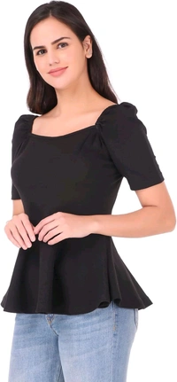 Women's Casual Stylish Peplum Top with Puffed Sleeves - Black, XL