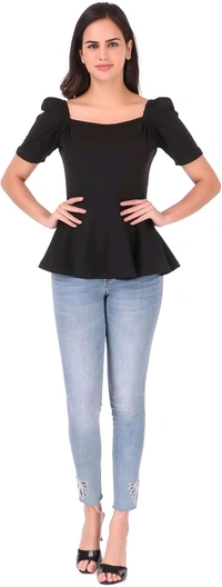 Women's Casual Stylish Peplum Top with Puffed Sleeves - Black, XL