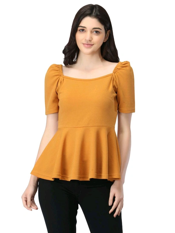 Women's Casual Stylish Peplum Top with Puffed Sleeves - Mustard, L