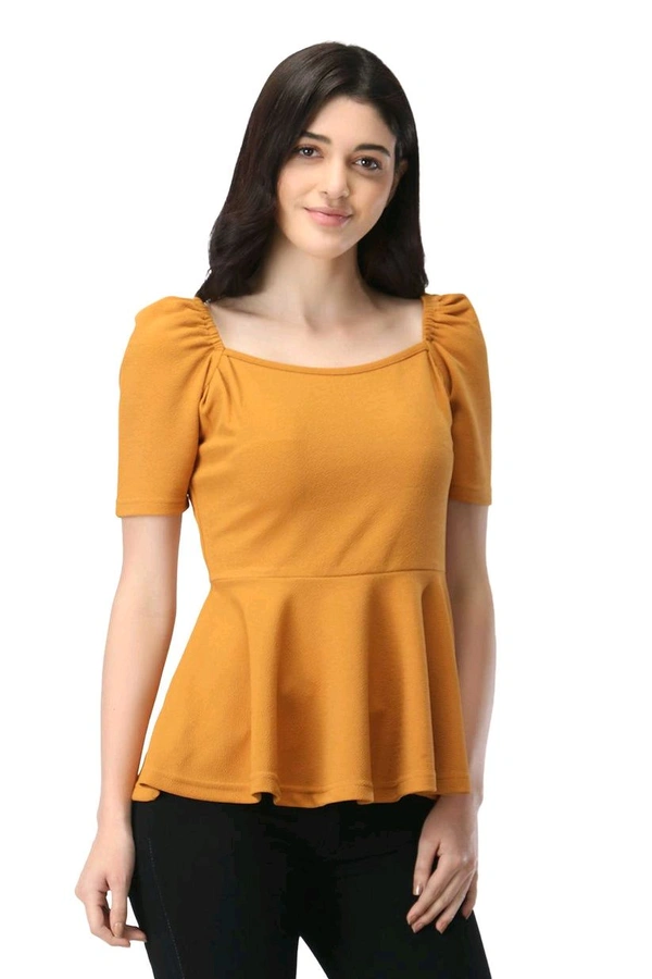 Women's Casual Stylish Peplum Top with Puffed Sleeves - Mustard, L