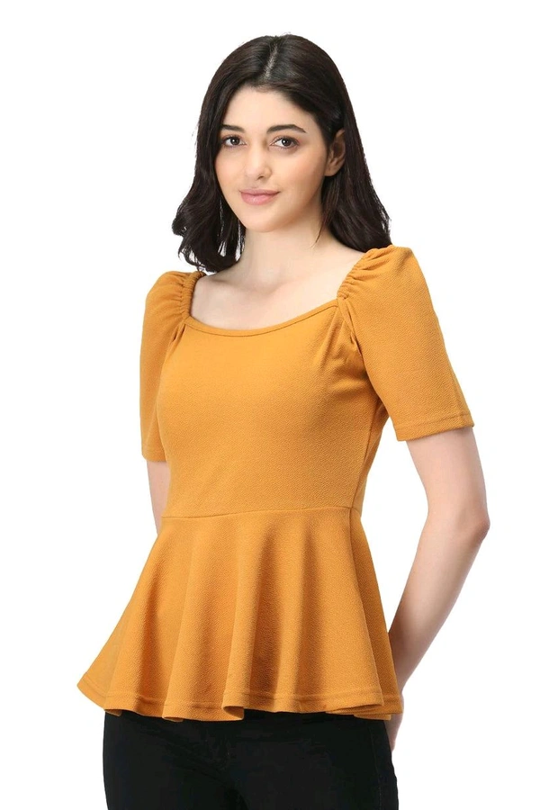 Women's Casual Stylish Peplum Top with Puffed Sleeves - Mustard, L