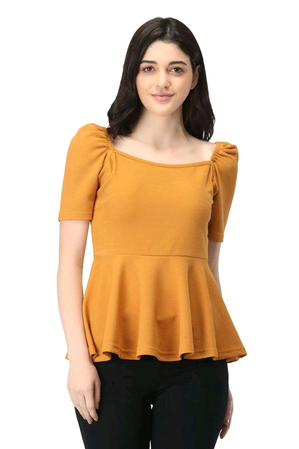 Women's Casual Stylish Peplum Top with Puffed Sleeves - Mustard, L