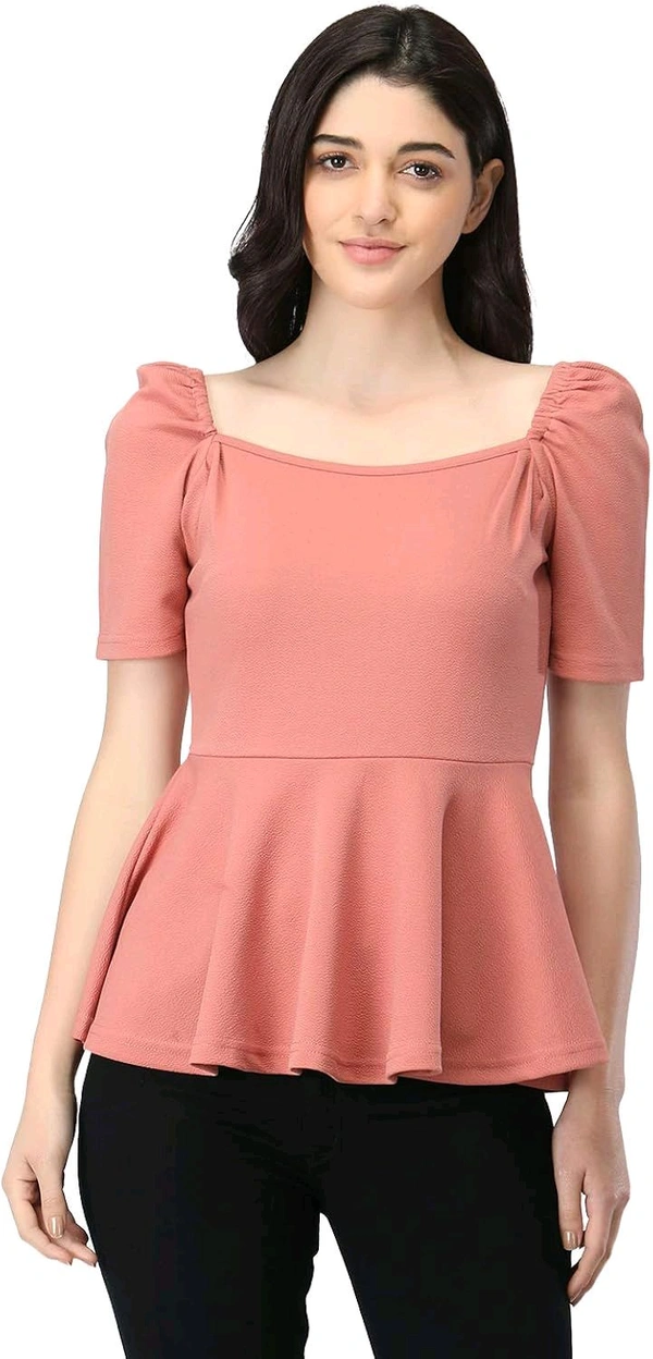 Women's Casual Stylish Peplum Top with Puffed Sleeves - Tony's Pink, L