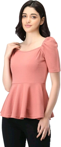 Women's Casual Stylish Peplum Top with Puffed Sleeves - Tony's Pink, L