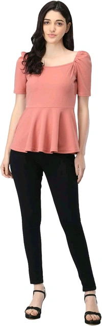 Women's Casual Stylish Peplum Top with Puffed Sleeves - Tony's Pink, L