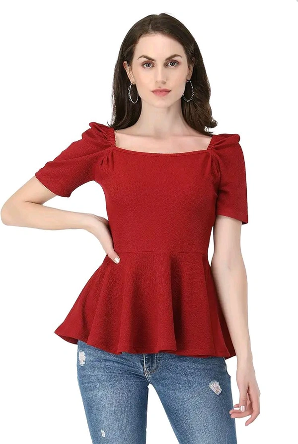 Women's Casual Stylish Peplum Top with Puffed Sleeves - Maroon, L