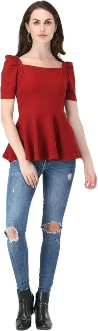 Women's Casual Stylish Peplum Top with Puffed Sleeves - Maroon, L
