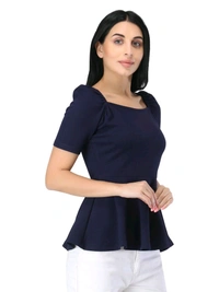 Women's Casual Stylish Peplum Top with Puffed Sleeves - Steel Gray, L