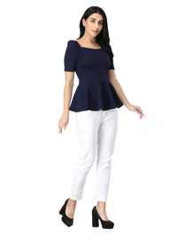 Women's Casual Stylish Peplum Top with Puffed Sleeves - Steel Gray, L