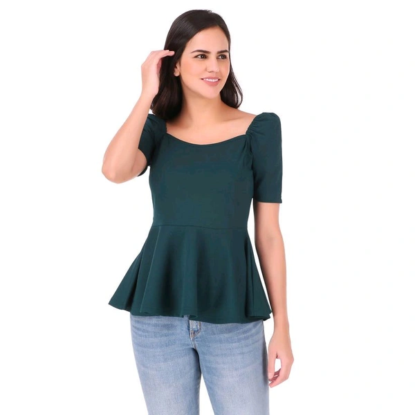 Women's Casual Stylish Peplum Top with Puffed Sleeves - Green, L