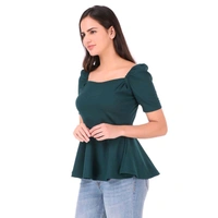Women's Casual Stylish Peplum Top with Puffed Sleeves - Green, L