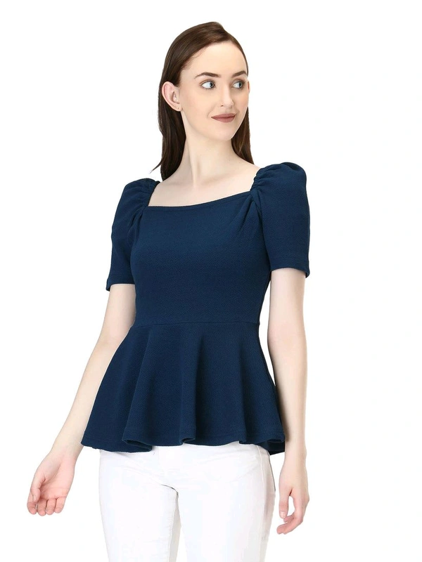 Women's Casual Stylish Peplum Top with Puffed Sleeves - Navy Blue, L