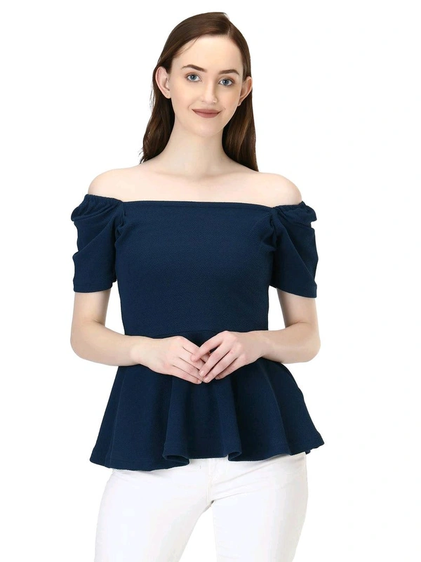 Women's Casual Stylish Peplum Top with Puffed Sleeves - Navy Blue, L