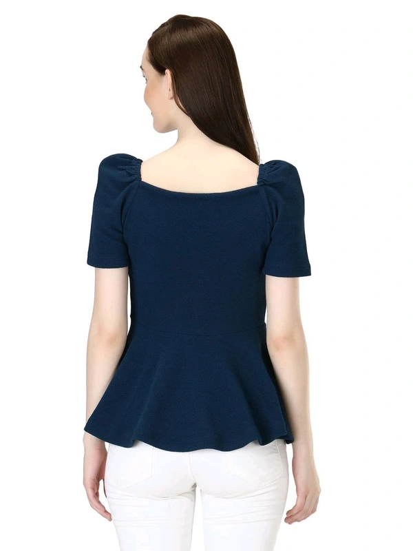 Women's Casual Stylish Peplum Top with Puffed Sleeves - Navy Blue, L