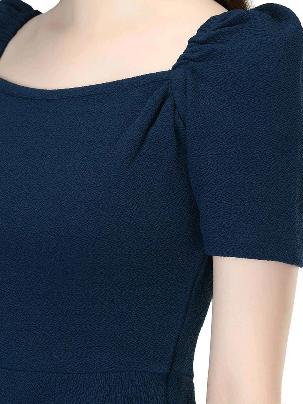 Women's Casual Stylish Peplum Top with Puffed Sleeves - Navy Blue, L