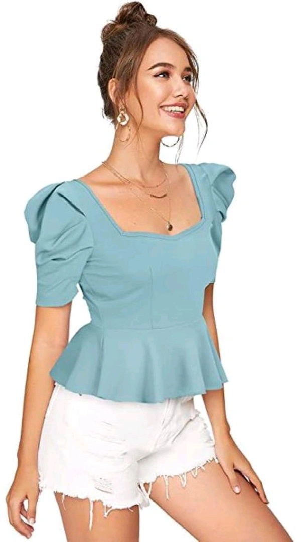 Women's Casual Stylish Peplum Top with Puffed Sleeves - Half Baked, L