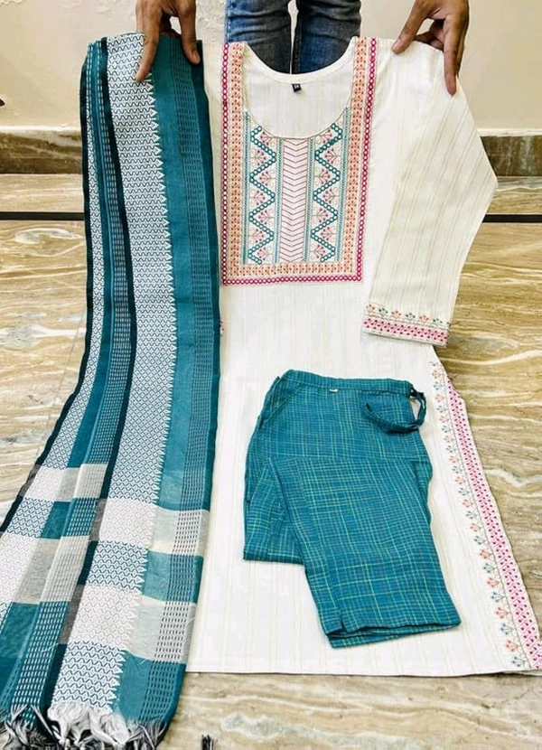 Womens Cotton Dobby A-Line Embroidery Work Kurta Set with Mirror Work Dupatta - Alto, 2XL