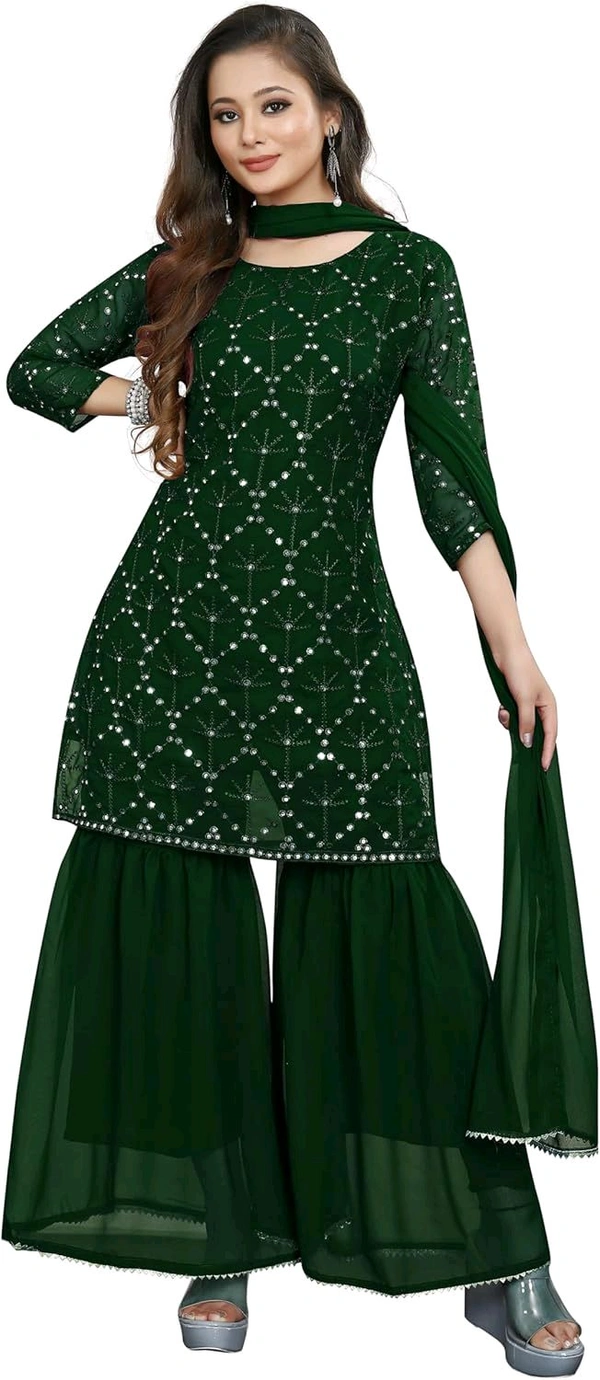 Women's Georgette Sequence Party Festival Wear Full Sleeve Latest Stitched Kurta Sharara and Duppata Set - Japanese Laurel, 2XL