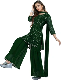 Women's Georgette Sequence Party Festival Wear Full Sleeve Latest Stitched Kurta Sharara and Duppata Set - Japanese Laurel, 2XL