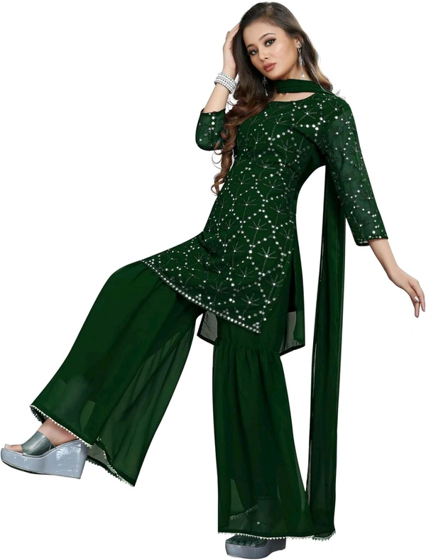 Women's Georgette Sequence Party Festival Wear Full Sleeve Latest Stitched Kurta Sharara and Duppata Set - Japanese Laurel, 2XL