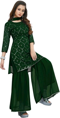 Women's Georgette Sequence Party Festival Wear Full Sleeve Latest Stitched Kurta Sharara and Duppata Set - Japanese Laurel, 2XL
