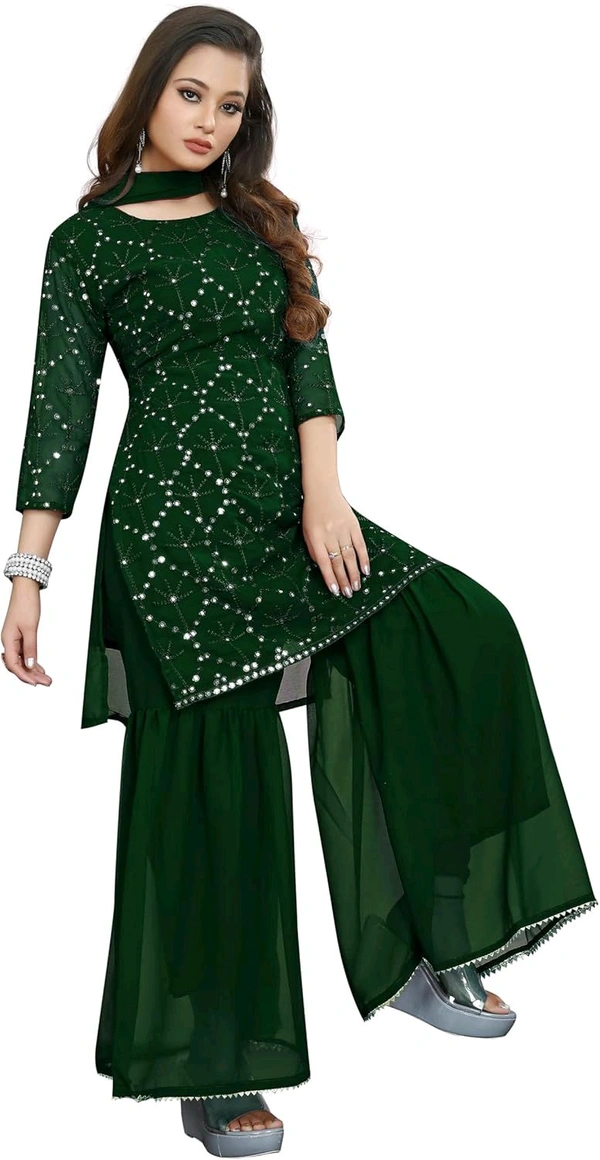 Women's Georgette Sequence Party Festival Wear Full Sleeve Latest Stitched Kurta Sharara and Duppata Set - Japanese Laurel, 2XL