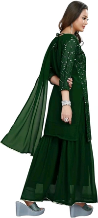 Women's Georgette Sequence Party Festival Wear Full Sleeve Latest Stitched Kurta Sharara and Duppata Set - Japanese Laurel, 2XL