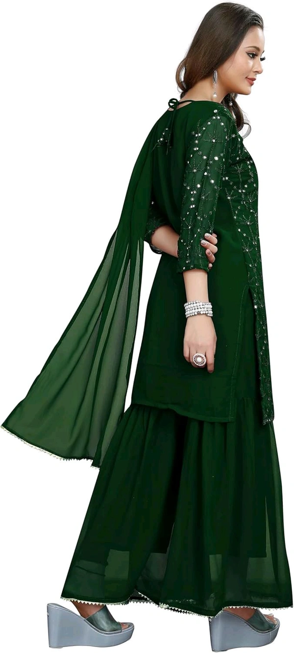 Women's Georgette Sequence Party Festival Wear Full Sleeve Latest Stitched Kurta Sharara and Duppata Set - Japanese Laurel, 2XL