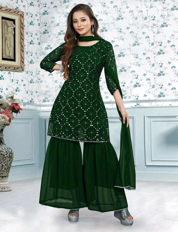 Women's Georgette Sequence Party Festival Wear Full Sleeve Latest Stitched Kurta Sharara and Duppata Set - Japanese Laurel, 2XL