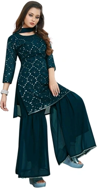 Women's Georgette Sequence Party Festival Wear Full Sleeve Latest Stitched Kurta Sharara and Duppata Set - Blue Dianne, 3XL