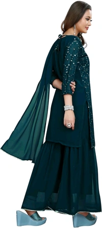 Women's Georgette Sequence Party Festival Wear Full Sleeve Latest Stitched Kurta Sharara and Duppata Set - Blue Dianne, 3XL