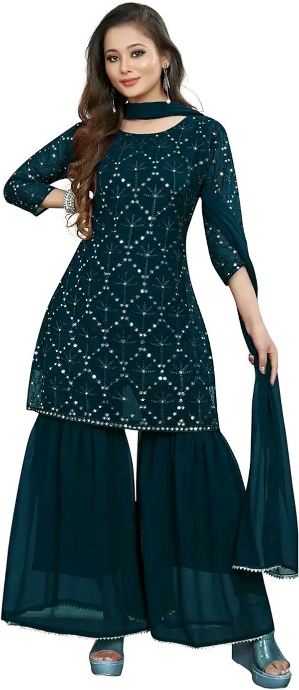 Women's Georgette Sequence Party Festival Wear Full Sleeve Latest Stitched Kurta Sharara and Duppata Set - Blue Dianne, 4XL
