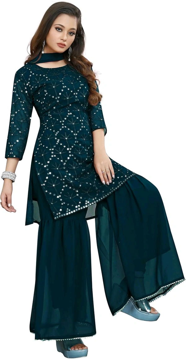 Women's Georgette Sequence Party Festival Wear Full Sleeve Latest Stitched Kurta Sharara and Duppata Set - Blue Dianne, 4XL