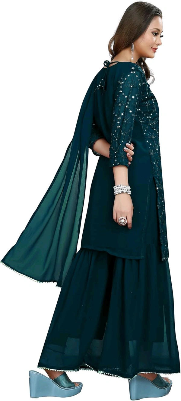 Women's Georgette Sequence Party Festival Wear Full Sleeve Latest Stitched Kurta Sharara and Duppata Set - Blue Dianne, 4XL