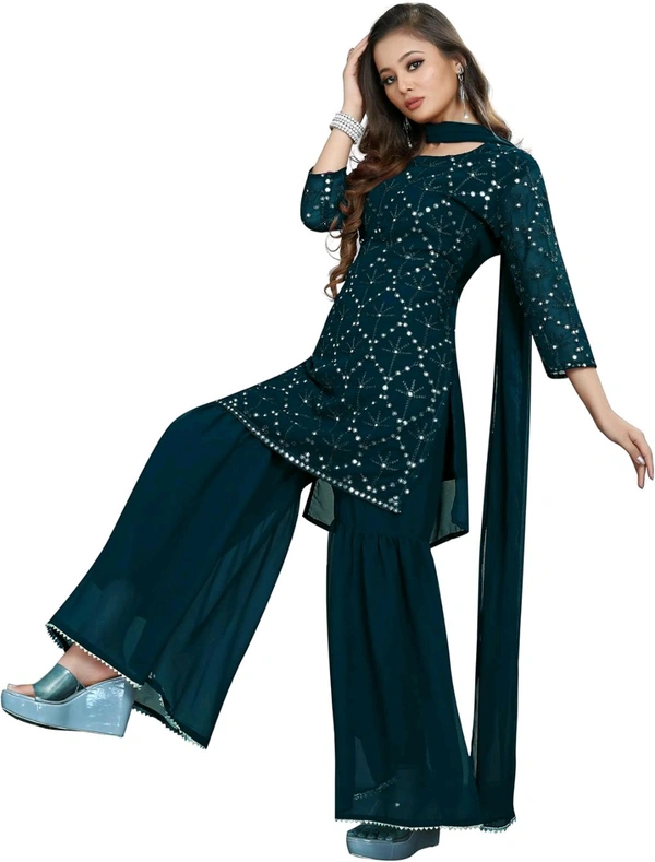 Women's Georgette Sequence Party Festival Wear Full Sleeve Latest Stitched Kurta Sharara and Duppata Set - Blue Dianne, 4XL